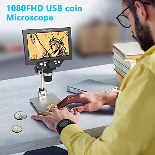 UF-TOOLS 7 Inch LCD Digital Microscope with 64GB TF Card, 1200x Magnification, 12MP Ultra-Precise Focusing Camera 1080P Video Microscope 8 LED Lights for Coin Circuit Board Soldering PC Watch Repair