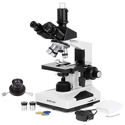 AmScope T490B-DK Compound Trinocular Microscope, WF10x and WF20x Eyepieces, 40X-2000X Magnification, Brightfield/Darkfield, Halogen Illumination, Abbe Condenser, Double-Layer Mechanical Stage, Sliding Head, High-Resolution Optics