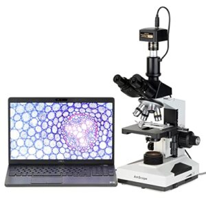 AmScope T490B-DK Compound Trinocular Microscope, WF10x and WF20x Eyepieces, 40X-2000X Magnification, Brightfield/Darkfield, Halogen Illumination, Abbe Condenser, Double-Layer Mechanical Stage, Sliding Head, High-Resolution Optics