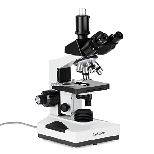 AmScope T490B-DK Compound Trinocular Microscope, WF10x and WF20x Eyepieces, 40X-2000X Magnification, Brightfield/Darkfield, Halogen Illumination, Abbe Condenser, Double-Layer Mechanical Stage, Sliding Head, High-Resolution Optics