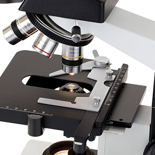 AmScope T490B-DK Compound Trinocular Microscope, WF10x and WF20x Eyepieces, 40X-2000X Magnification, Brightfield/Darkfield, Halogen Illumination, Abbe Condenser, Double-Layer Mechanical Stage, Sliding Head, High-Resolution Optics