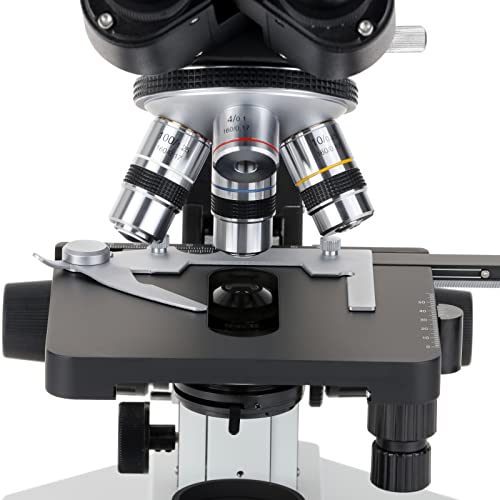 AmScope T490B-DK Compound Trinocular Microscope, WF10x and WF20x Eyepieces, 40X-2000X Magnification, Brightfield/Darkfield, Halogen Illumination, Abbe Condenser, Double-Layer Mechanical Stage, Sliding Head, High-Resolution Optics