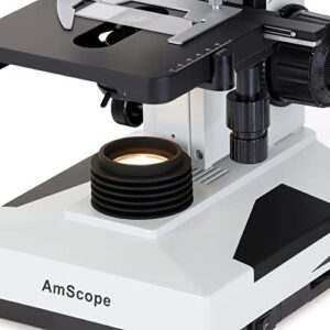 AmScope T490B-DK Compound Trinocular Microscope, WF10x and WF20x Eyepieces, 40X-2000X Magnification, Brightfield/Darkfield, Halogen Illumination, Abbe Condenser, Double-Layer Mechanical Stage, Sliding Head, High-Resolution Optics