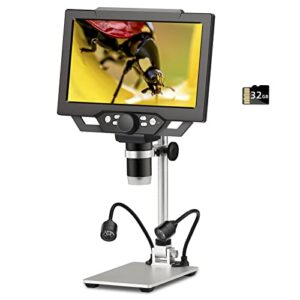 koolertron 9 inch lcd digital microscope with 32g tf card,12mp 1600x magnification 1080p usb microscope,5000mah battery,10 inch stand with side light coin microscope for plant/rock/circuit board/coin
