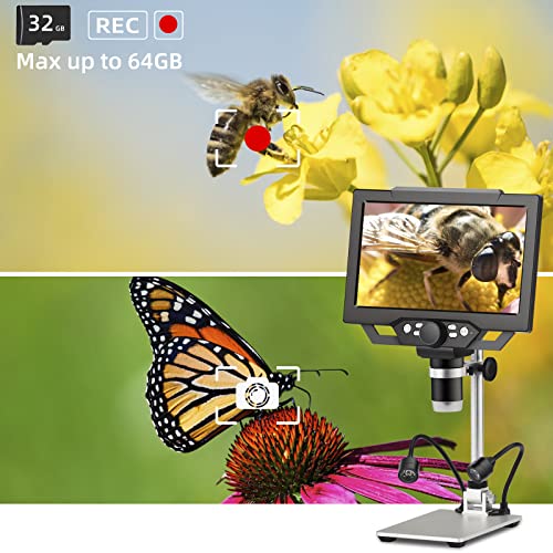 Koolertron 9 inch LCD Digital Microscope with 32G TF Card,12MP 1600X Magnification 1080P USB Microscope,5000mAh Battery,10 inch Stand with Side Light Coin Microscope for Plant/Rock/Circuit Board/Coin