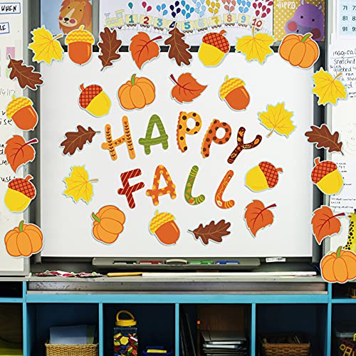 Whaline 48Pcs Happy Fall Cut-Outs Pumpkin Autumn Leaves Acorn Cut Outs with 100Pcs Glue Point Autumn Cardboard Paper Cutting for Full Theme Thanksgiving Classroom Bulletin Border Decoration