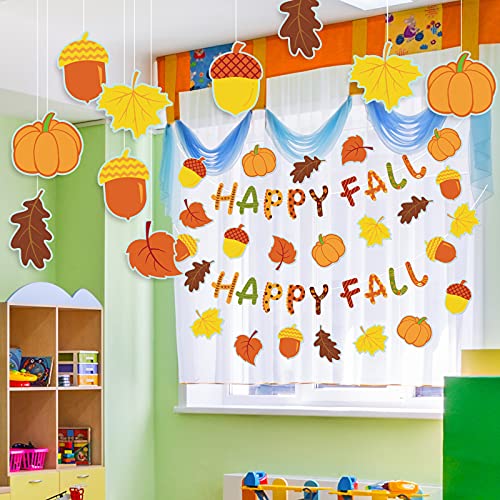 Whaline 48Pcs Happy Fall Cut-Outs Pumpkin Autumn Leaves Acorn Cut Outs with 100Pcs Glue Point Autumn Cardboard Paper Cutting for Full Theme Thanksgiving Classroom Bulletin Border Decoration