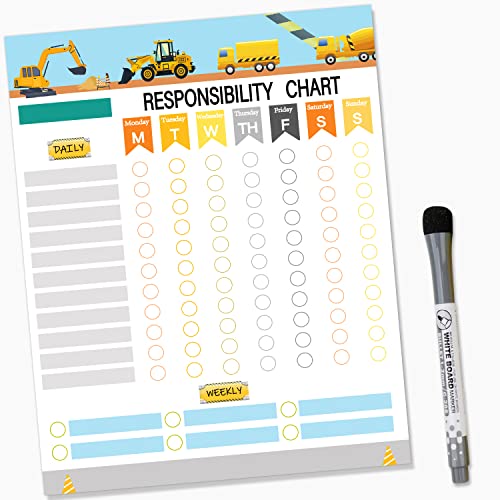 Construction Trucks Magnetic Chore Chart - Kids Weekly and Daily Tasks, Responsibilities - Reward Chart for Multiple Kids Teens Adults Family 8 x 10 inch