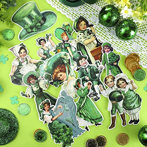 72 Pcs Vintage St Patricks Day Cutouts Retro St Patricks Day Decor Green Shamrock Paper Cutouts for Irish Holiday Party Bulletin Board Classroom Decorations (Shamrock)