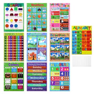 stobok educational preschool posters for kindergarten classrooms,includes alphabet letters,colors,numbers,days of the week,farm animals,seasons,weathers,months,shapes,10 pieces