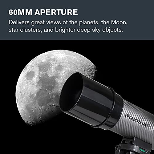 Celestron – 60mm Travel Scope DX – Ideal Portable Refractor Telescope for Beginners – Fully Coated Glass Optics – BONUS Astronomy Software Package – Includes Smartphone Adapter for Digiscoping
