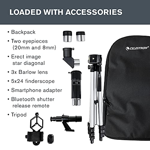 Celestron – 60mm Travel Scope DX – Ideal Portable Refractor Telescope for Beginners – Fully Coated Glass Optics – BONUS Astronomy Software Package – Includes Smartphone Adapter for Digiscoping