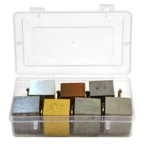 Density Cubes Set with Hooks - Includes 7 Metals - Brass, Lead, Zinc, Copper, Aluminum, Iron & Tin - 0.8" (20mm) Sides - for use with Density, Specific Gravity Activities - Eisco Labs