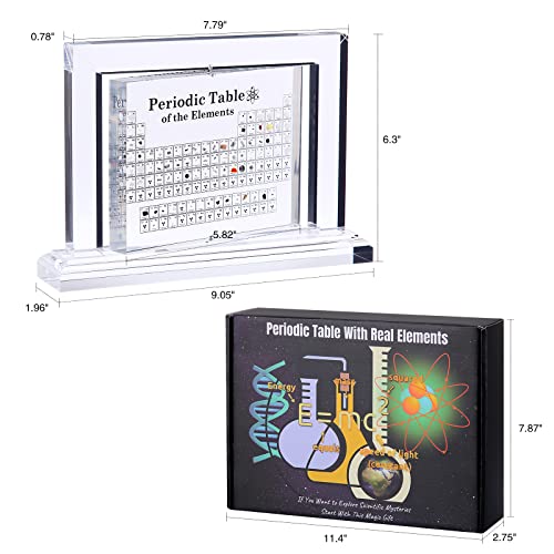 Periodic Table with Real Elements Inside, Acrylic Periodic Table Display with 83 Real Element Samples, 360° Rotating Frame Display, Remarkable Gift for Kids Adults Teachers - 9.05"x1.96"x6.3"