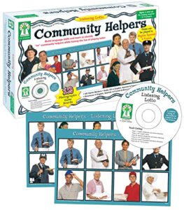 key education listening lotto: community helpers, children’s auditory, pre-reading, language learning matching board game, 12 photographic game boards and audio cd, 1-12 players, ages 4+