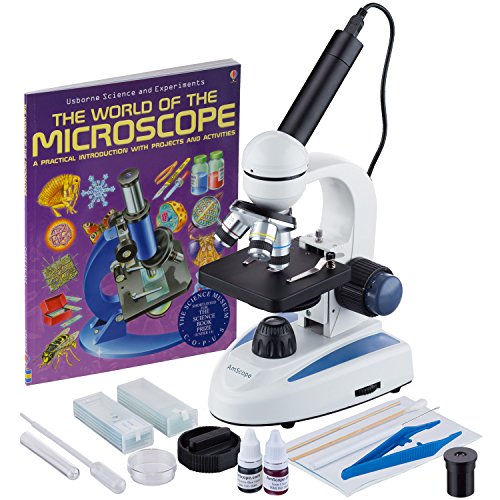 AmScope M158C-SP14-WM-E 40X-1000X Biology Science Metal Glass Student Microscope with USB Digital Camera, Slide Preparation Kit and Book