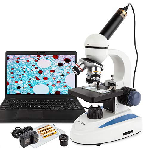 AmScope M158C-SP14-WM-E 40X-1000X Biology Science Metal Glass Student Microscope with USB Digital Camera, Slide Preparation Kit and Book