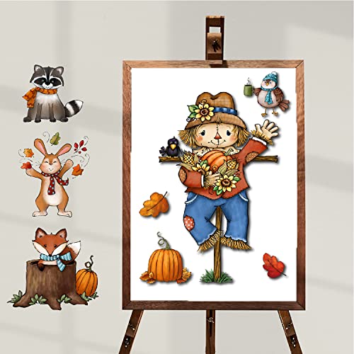 Quera 36Pcs Thanksgiving Bulletin Board Décor Cut-Outs Autumn Fall Classroom Decorations Scarecrow Forest Animals Bulletin Board Cutouts with Glue Point Dots Maple Leaves Crows Pumpkin Corns Acorns