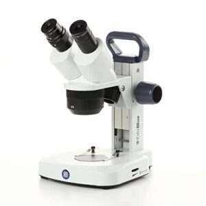 edublue binocular stereo microscope 1x/2x/4x revolving objective, 10x/20x/40x magnification, rack and pinion stand, incident and transmitted led cordless illumination