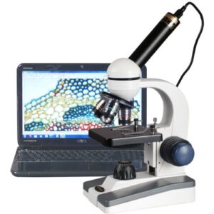 amscope m150c-e digital compound monocular microscope, wf10x and wf25x eyepieces, 40x-1000x magnification, led illumination, brightfield, single-lens condenser, coaxial coarse and fine focus, plain stage, 110v, includes 0.3mp camera and software