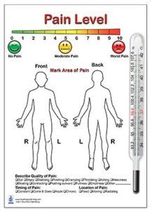pain level support card chart for adult and child, two sided medical pain level card