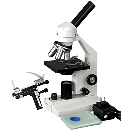 AmScope M200B-MS-LED Cordless Compound Monocular Microscope, WF10x and WF20x Eyepieces, 40x-800x Magnification, LED Illumination, Brightfield, Single-Lens Condenser, Coarse and Fine Focus, Mechanical Stage, 110V or Cordless Operation