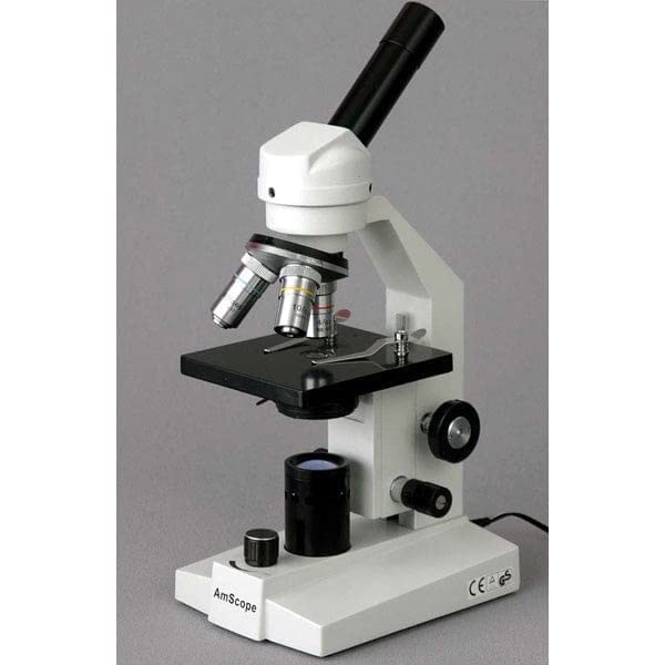 AmScope M200B-MS-LED Cordless Compound Monocular Microscope, WF10x and WF20x Eyepieces, 40x-800x Magnification, LED Illumination, Brightfield, Single-Lens Condenser, Coarse and Fine Focus, Mechanical Stage, 110V or Cordless Operation