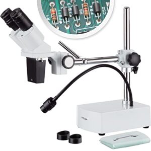 amscope se400 professional binocular stereo microscope, wf10x eyepieces, 10x magnification, 1x objective, led lighting, boom-arm stand, 110v-120v