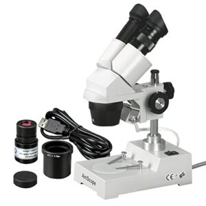 amscope se303-p-e digital binocular stereo microscope, wf10x eyepieces, 10x and 30x magnification, 1x and 3x objectives, tungsten lighting, reversible black/white stage plate, pillar stand, 110v, includes 0.3mp camera and software