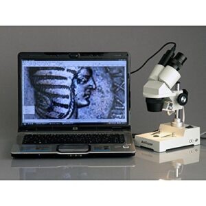 AmScope SE303-P-E Digital Binocular Stereo Microscope, WF10x Eyepieces, 10X and 30X Magnification, 1X and 3X Objectives, Tungsten Lighting, Reversible Black/White Stage Plate, Pillar Stand, 110V, Includes 0.3MP Camera and Software