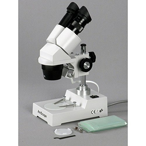 AmScope SE303-P-E Digital Binocular Stereo Microscope, WF10x Eyepieces, 10X and 30X Magnification, 1X and 3X Objectives, Tungsten Lighting, Reversible Black/White Stage Plate, Pillar Stand, 110V, Includes 0.3MP Camera and Software