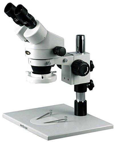 AmScope SM-1BZ-FRL Professional Binocular Stereo Zoom Microscope, WH10x Eyepieces, 3.5x-90x Magnification, 0.7X-4.5X Zoom Objective, Fluorescent Ring Light, Large Table Pillar Stand, 110V-240V, Includes 0.5x and 2.0x Barlow Lenses