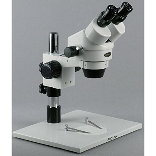 AmScope SM-1BZ-FRL Professional Binocular Stereo Zoom Microscope, WH10x Eyepieces, 3.5x-90x Magnification, 0.7X-4.5X Zoom Objective, Fluorescent Ring Light, Large Table Pillar Stand, 110V-240V, Includes 0.5x and 2.0x Barlow Lenses