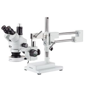 amscope sm-4tz-80s professional trinocular stereo zoom microscope, wh10x eyepieces, 3.5x-90x magnification, 0.7x-4.5x zoom objective, 80-bulb led ring light, double-arm boom stand, includes 0.5x and 2.0x barlow lens