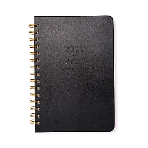 russell+hazel 2021 to 2022 Weekly Academic Planner, Black Vegan Leather Cover, A5, Spiral Bound, 5.25” x 8” (58613)