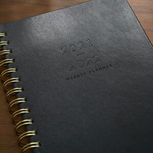 russell+hazel 2021 to 2022 Weekly Academic Planner, Black Vegan Leather Cover, A5, Spiral Bound, 5.25” x 8” (58613)