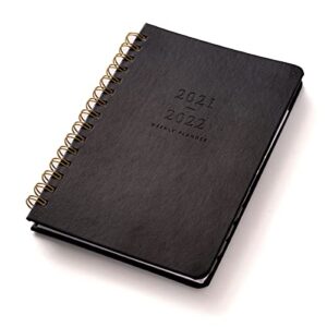 russell+hazel 2021 to 2022 Weekly Academic Planner, Black Vegan Leather Cover, A5, Spiral Bound, 5.25” x 8” (58613)