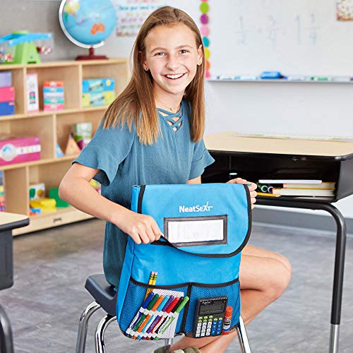 EAI Education NeatSeat Classroom Chair Organizer | Oversized Name-Tag Card, Dual Inner Pockets, Blue, 16" x 12" with 1 1/2" Gusset, Set of 4