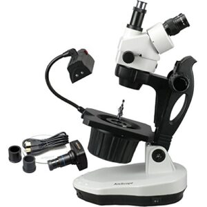 amscope gm400tz-m digital trinocular gemology stereo zoom microscope, wh10x eyepieces, 3.5x-90x magnification, 0.7x-4.5x zoom objective, halogen and fluorescent lighting, inclined pillar stand, 110v-120v, includes 0.5x and 2.0x barlow lenses, 1.3mp camera