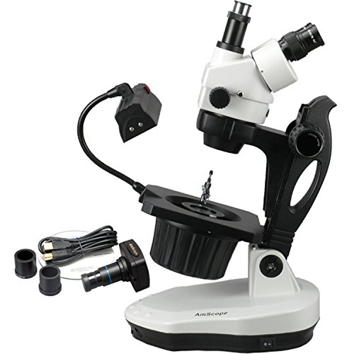 AmScope GM400TZ-M Digital Trinocular Gemology Stereo Zoom Microscope, WH10x Eyepieces, 3.5X-90X Magnification, 0.7X-4.5X Zoom Objective, Halogen and Fluorescent Lighting, Inclined Pillar Stand, 110V-120V, Includes 0.5X and 2.0X Barlow Lenses, 1.3MP Camera