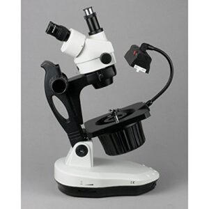 AmScope GM400TZ-M Digital Trinocular Gemology Stereo Zoom Microscope, WH10x Eyepieces, 3.5X-90X Magnification, 0.7X-4.5X Zoom Objective, Halogen and Fluorescent Lighting, Inclined Pillar Stand, 110V-120V, Includes 0.5X and 2.0X Barlow Lenses, 1.3MP Camera
