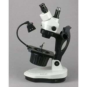 AmScope GM400TZ-M Digital Trinocular Gemology Stereo Zoom Microscope, WH10x Eyepieces, 3.5X-90X Magnification, 0.7X-4.5X Zoom Objective, Halogen and Fluorescent Lighting, Inclined Pillar Stand, 110V-120V, Includes 0.5X and 2.0X Barlow Lenses, 1.3MP Camera