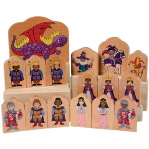 constructive playthings 16 pc. double sided multi-ethnic royal court 2 3/4″ h. x 1 3/4″ w. x 1/2″ thick wooden characters including dragon
