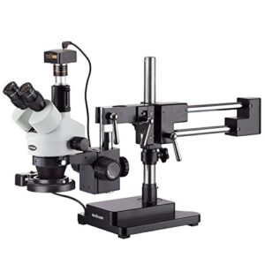amscope sm-4tz-frl-mb digital professional trinocular stereo zoom microscope, wh10x eyepieces, 3.5x-90x magnification, 0.7x-4.5x zoom objective, 8w fluorescent ring light, double-arm boom stand, 110v-120v, includes 0.5x and 2.0x barlow lenses and 1.3mp ca