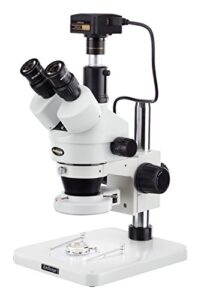 amscope sm-1tsz-144s-5m digital professional trinocular stereo zoom microscope, wh10x eyepieces, 3.5x-90x magnification, 0.7x-4.5x zoom objective, 144-bulb led ring light, pillar stand, 110v-240v, includes 0.5x and 2.0x barlow lenses and 5mp camera with r