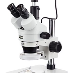 AmScope SM-1TSZ-144S-5M Digital Professional Trinocular Stereo Zoom Microscope, WH10x Eyepieces, 3.5X-90X Magnification, 0.7X-4.5X Zoom Objective, 144-Bulb LED Ring Light, Pillar Stand, 110V-240V, Includes 0.5X and 2.0X Barlow Lenses and 5MP Camera with R