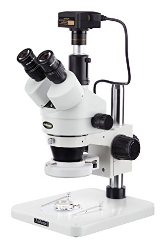 AmScope SM-1TSZ-144S-5M Digital Professional Trinocular Stereo Zoom Microscope, WH10x Eyepieces, 3.5X-90X Magnification, 0.7X-4.5X Zoom Objective, 144-Bulb LED Ring Light, Pillar Stand, 110V-240V, Includes 0.5X and 2.0X Barlow Lenses and 5MP Camera with R