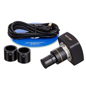 AmScope SM-1TSZ-144S-5M Digital Professional Trinocular Stereo Zoom Microscope, WH10x Eyepieces, 3.5X-90X Magnification, 0.7X-4.5X Zoom Objective, 144-Bulb LED Ring Light, Pillar Stand, 110V-240V, Includes 0.5X and 2.0X Barlow Lenses and 5MP Camera with R