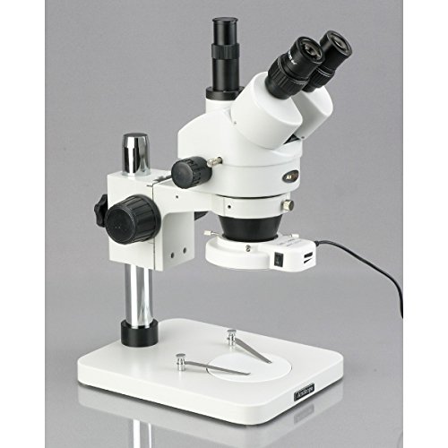 AmScope SM-1TSZ-144S-5M Digital Professional Trinocular Stereo Zoom Microscope, WH10x Eyepieces, 3.5X-90X Magnification, 0.7X-4.5X Zoom Objective, 144-Bulb LED Ring Light, Pillar Stand, 110V-240V, Includes 0.5X and 2.0X Barlow Lenses and 5MP Camera with R