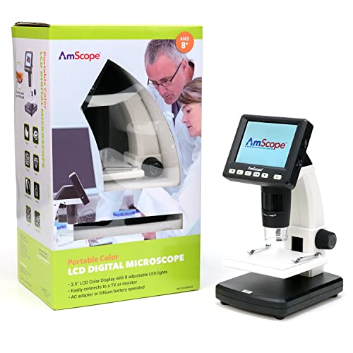 AmScope - LCD Digital Microscope, 3.5 inch Color Screen, 20X-1200X Magnification with Zoom, Portable USB Microscope Imager, Coin Microscope - DM130-M5S035